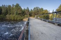 a wooden bridge spans across the forest from a water fall spill, along with a dam