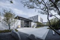 the modern building is surrounded by some rocks and trees, while the other buildings have glass doors