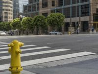 the yellow fire hydrant is on a city street in front of tall buildings and a street sign