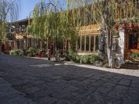 a sidewalk with a stone bench, trees and buildings and a person in the distance