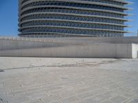 a black fire hydrant is sitting in the concrete area in front of a large building