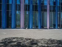 a building with pink glass and purple striped exterior is shown with the brick path on the left