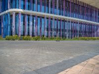 a building with pink glass and purple striped exterior is shown with the brick path on the left