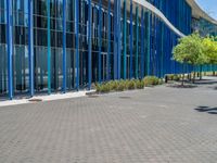 a building with pink glass and purple striped exterior is shown with the brick path on the left