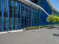 a building with pink glass and purple striped exterior is shown with the brick path on the left