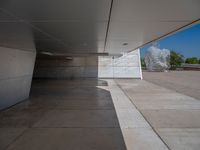 a white building with several steps and large glass panels in the facade is a mosaic that depicts a man