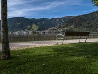 the park bench is located near the road on a sunny day by the water,