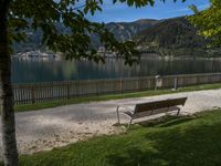 the park bench is located near the road on a sunny day by the water,