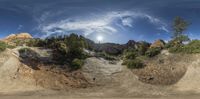 a panoramic image of a rocky canyon in the desert with lots of green trees on either side