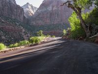 a person rides their bike down the highway below trees and mountains in the background, along the roadway are steep red rocks