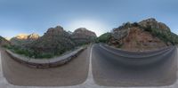 the image shows two different views of a road and mountains around it at twilight time