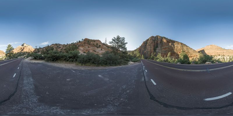 Aerial View: Asphalt Road in Zion National Park HDRi Maps and Backplates