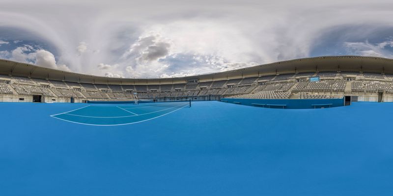 Blue Water Tennis Court with Sky and Clouds HDRi Maps and Backplates