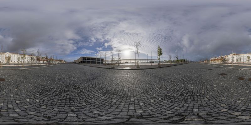 Cobblestone Road and Modern Architecture in Lisbon HDRi Maps and Backplates