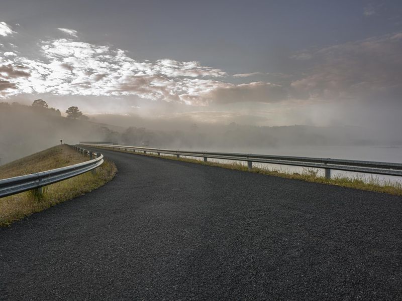 Dawn on a Rural Landscape: Barrier and Lake with Grey Sky HDRi Maps and ...