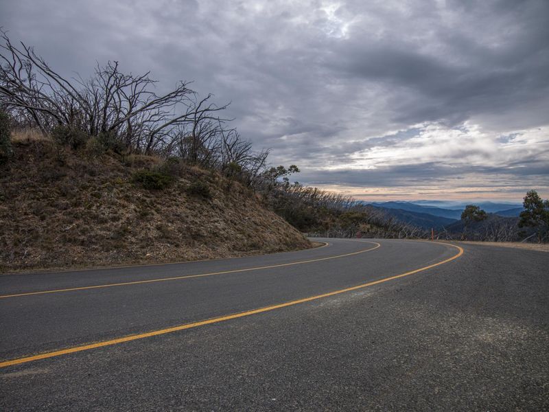 Gloomy Day on Asphalt Road in Mountain Landscape HDRi Maps and Backplates