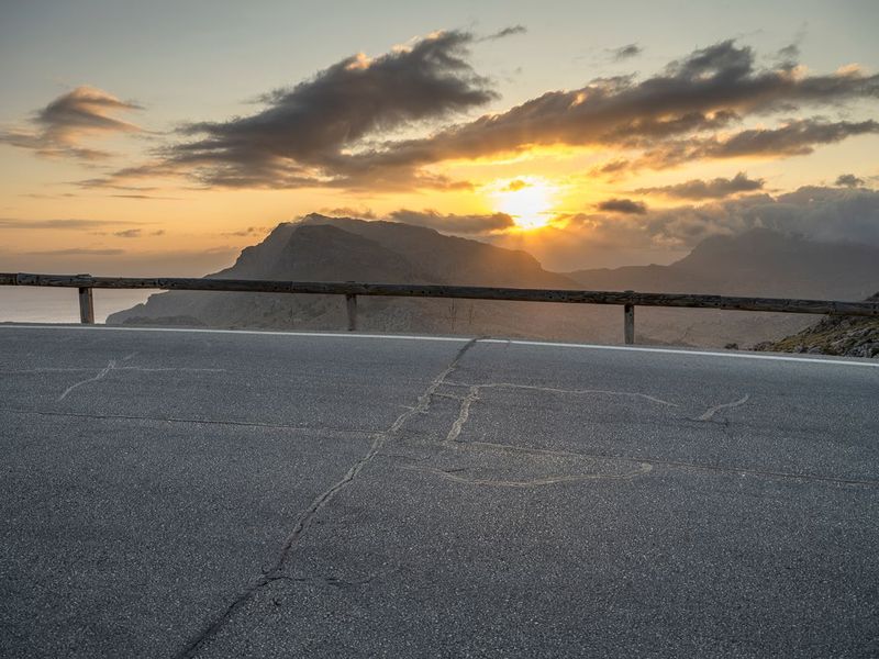 Majorca Sunrise: Asphalt Road with a Scenic Curve HDRi Maps and Backplates