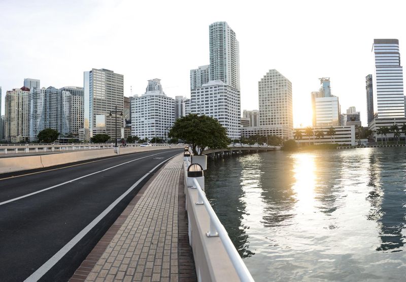 Miami Sunrise Over Downtown Cityscape and Ocean HDRi Maps and Backplates