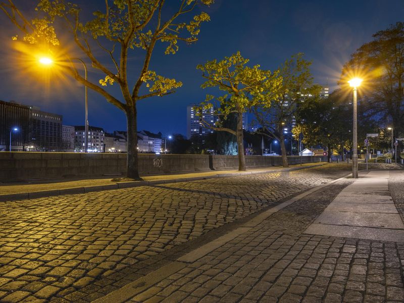 Nighttime Berlin, Germany: Urban Street with Yellow Street Lights HDRi ...