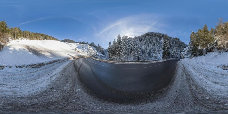 Snow Covered Winding Road in the Alps HDRi Maps and Backplates