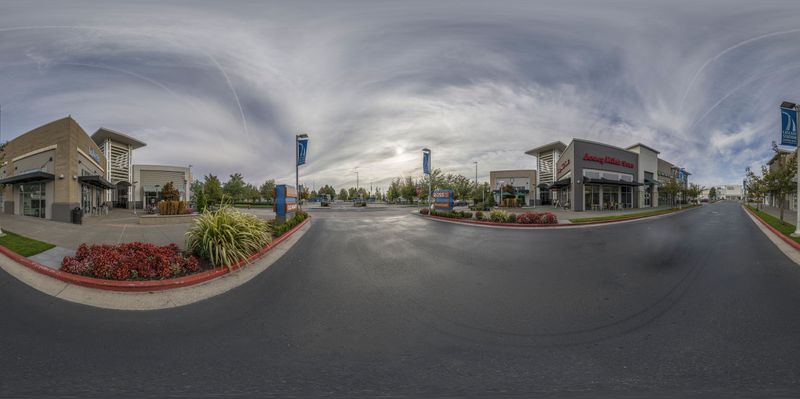 Suburban Shops by the Street with Cloudy Sky HDRi Maps and Backplates