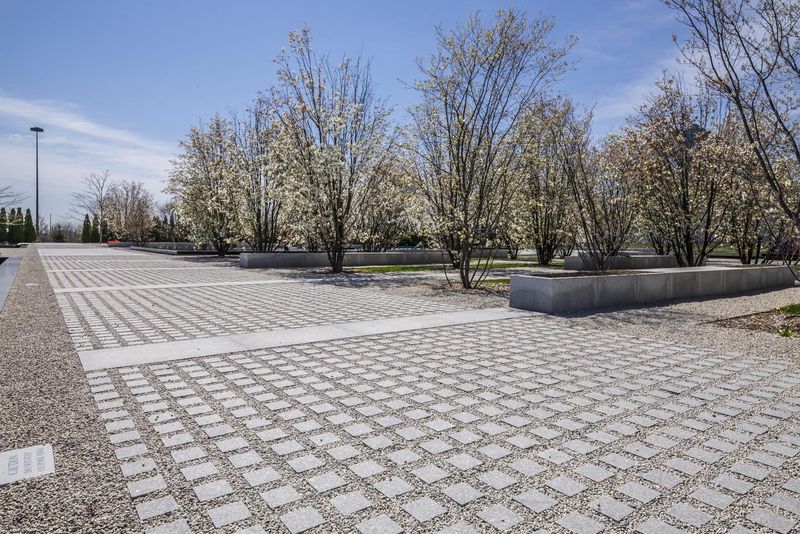 Urban Park with Cobblestone Walkway and Architectural Buildings HDRi ...